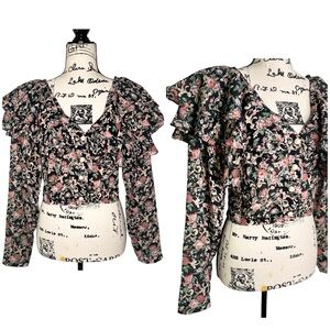 Fantaseas Collection Vintage 80s Floral Georgette Ruffle Crop Top SZ Medium